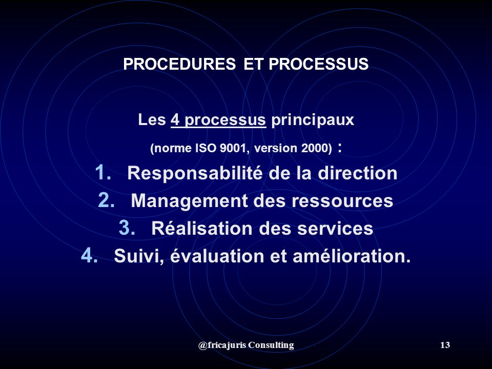 @fricajuris Consulting13 PROCEDURES ET PROCESSUS Les 4 processus principaux (norme ISO 9001, version 2000) : 1.
