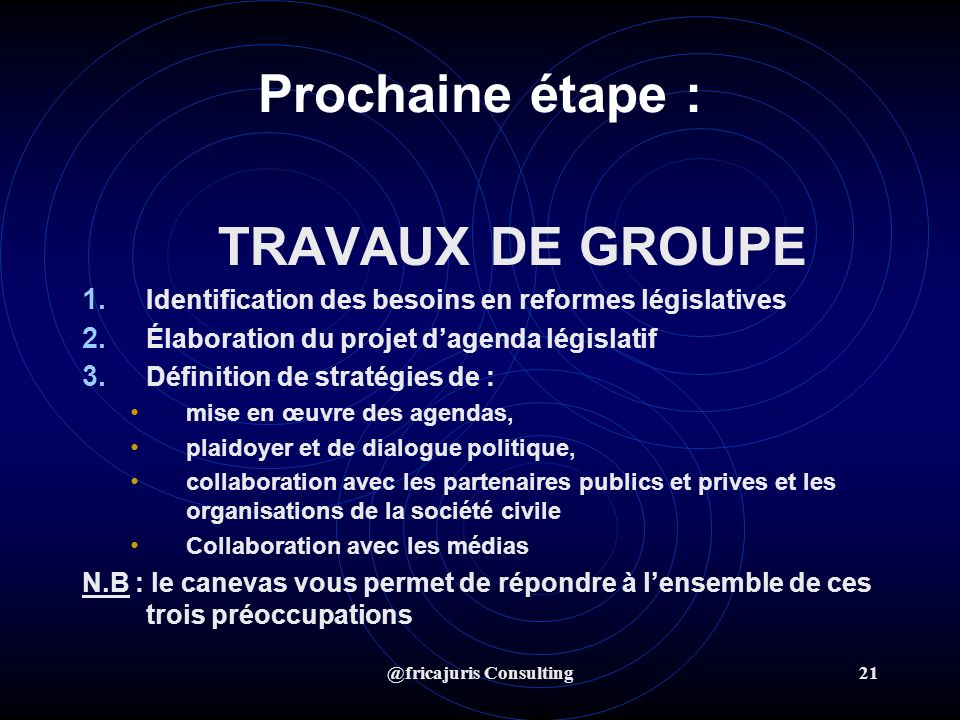 @fricajuris Consulting21 Prochaine étape : TRAVAUX DE GROUPE 1.