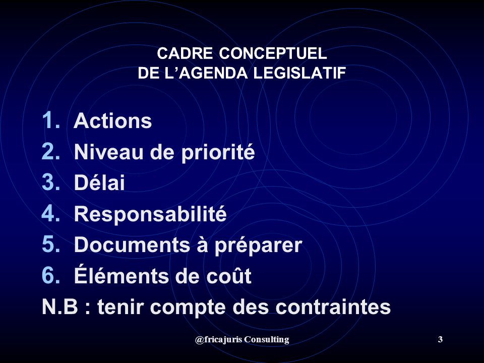 @fricajuris Consulting3 CADRE CONCEPTUEL DE LAGENDA LEGISLATIF 1.