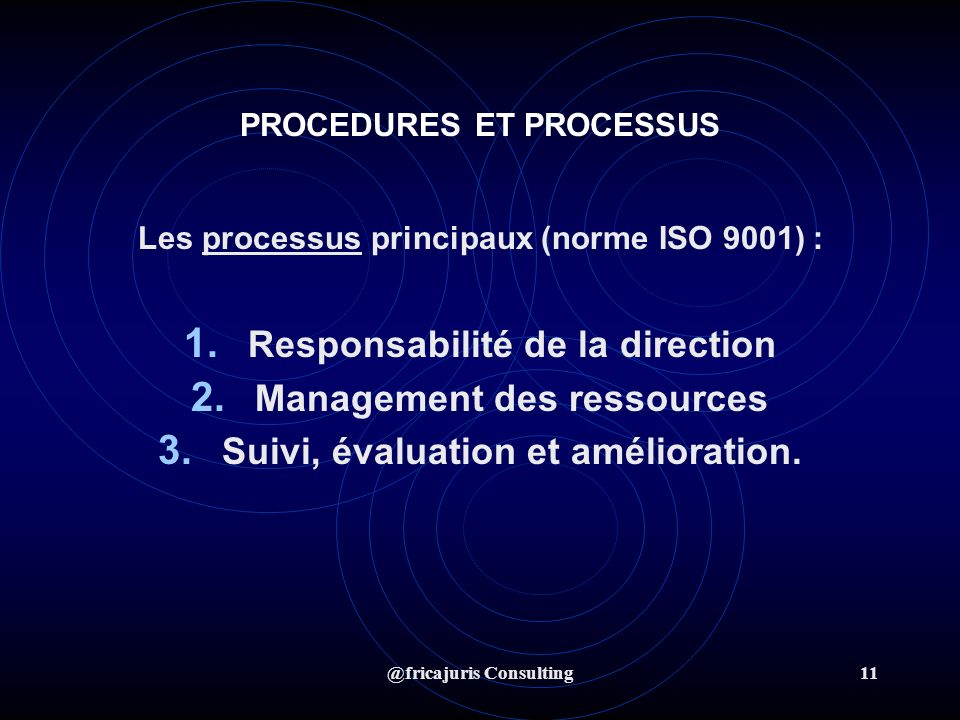 @fricajuris Consulting11 PROCEDURES ET PROCESSUS Les processus principaux (norme ISO 9001) : 1.