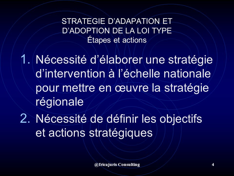 @fricajuris Consulting4 STRATEGIE DADAPATION ET DADOPTION DE LA LOI TYPE Étapes et actions 1.