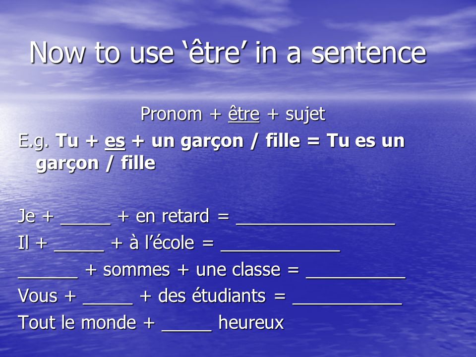 Now to use être in a sentence Pronom + être + sujet E.g.