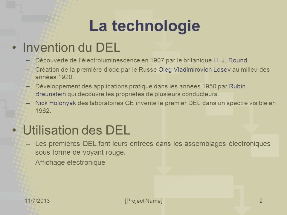 11/7/2013[Project Name]2 La technologie Invention du DEL –Découverte de lélectroluminescence en 1907 par le britanique H.