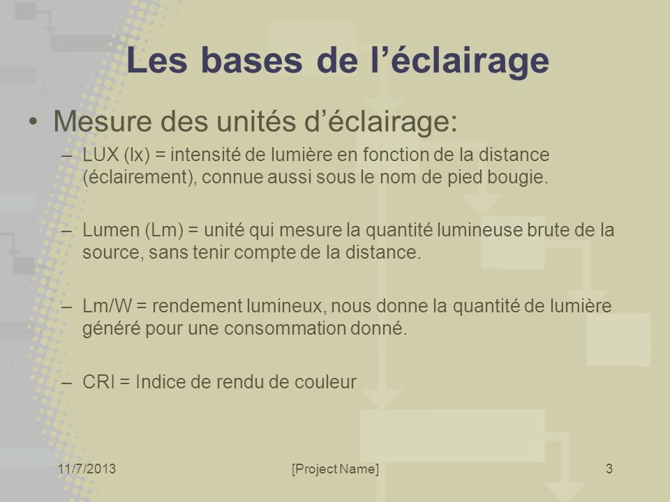 11/7/2013[Project Name] Les bases de léclairage Mesure des unités déclairage: –LUX (lx) = intensité de lumière en fonction de la distance (éclairement), connue aussi sous le nom de pied bougie.