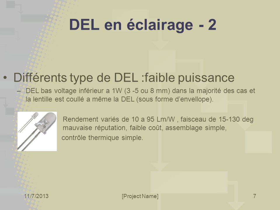 11/7/2013[Project Name]7 DEL en éclairage - 2 Différents type de DEL :faible puissance –DEL bas voltage inférieur a 1W (3 -5 ou 8 mm) dans la majorité des cas et la lentille est coullé a même la DEL (sous forme denvellope).