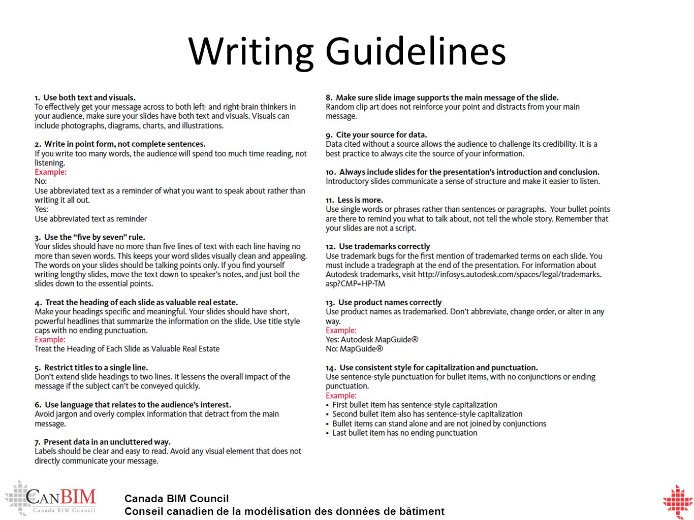 Canada BIM Council Conseil canadien de la modélisation des données de bâtiment Writing Guidelines