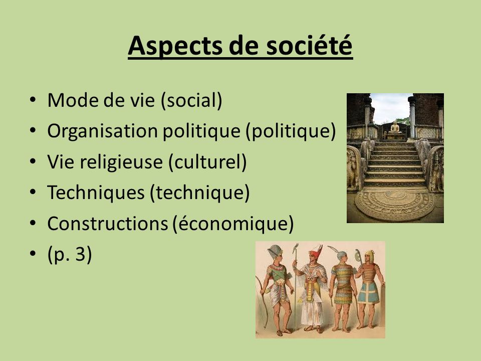 Aspects de société Mode de vie (social) Organisation politique (politique) Vie religieuse (culturel) Techniques (technique) Constructions (économique) (p.