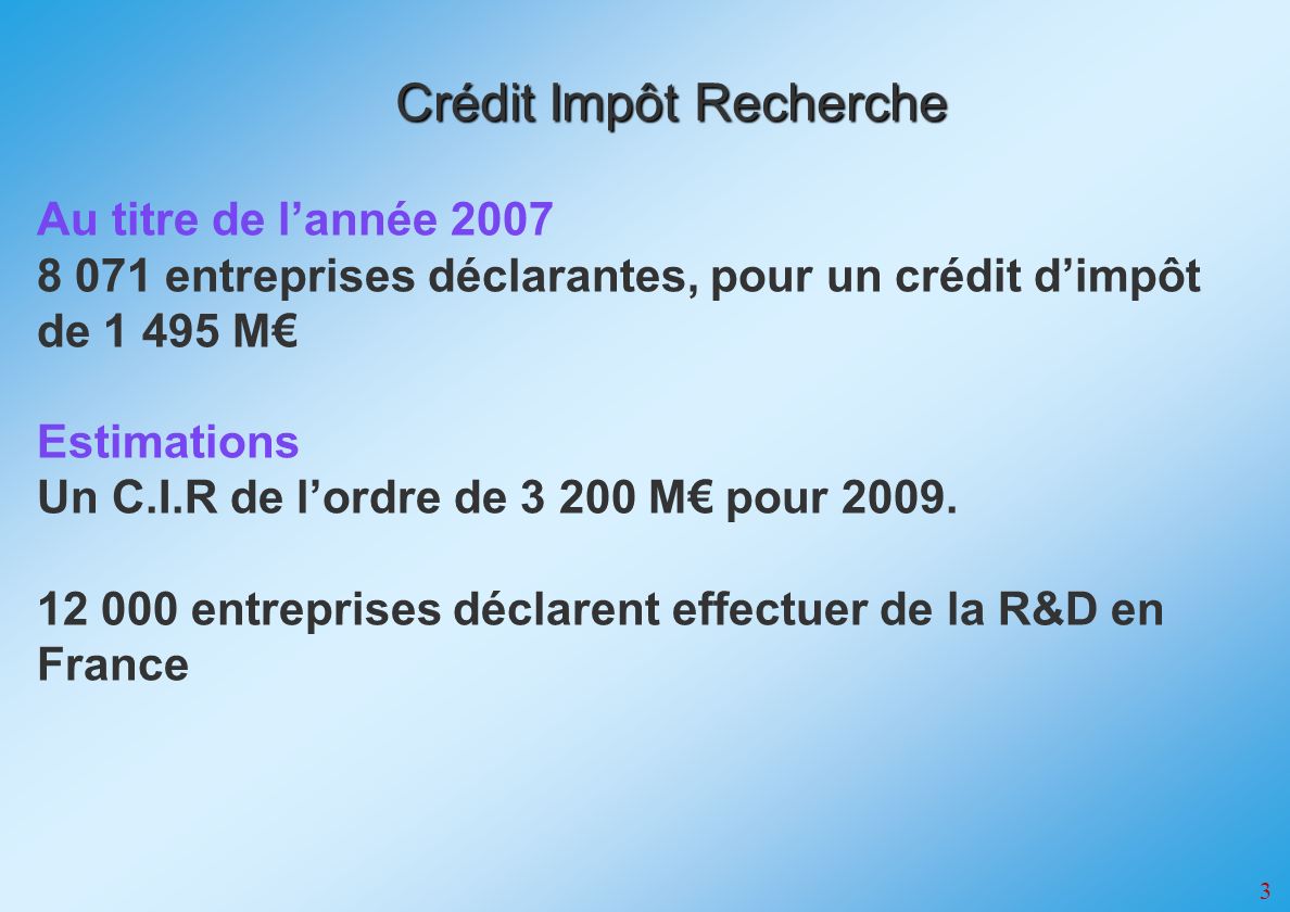 3 Au titre de lannée entreprises déclarantes, pour un crédit dimpôt de M Estimations Un C.I.R de lordre de M pour 2009.
