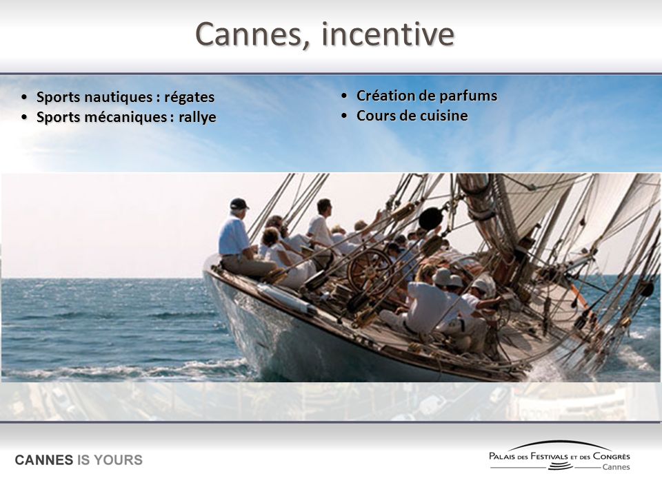 Cannes, incentive Sports nautiques : régatesSports nautiques : régates Sports mécaniques : rallyeSports mécaniques : rallye Création de parfumsCréation de parfums Cours de cuisineCours de cuisine
