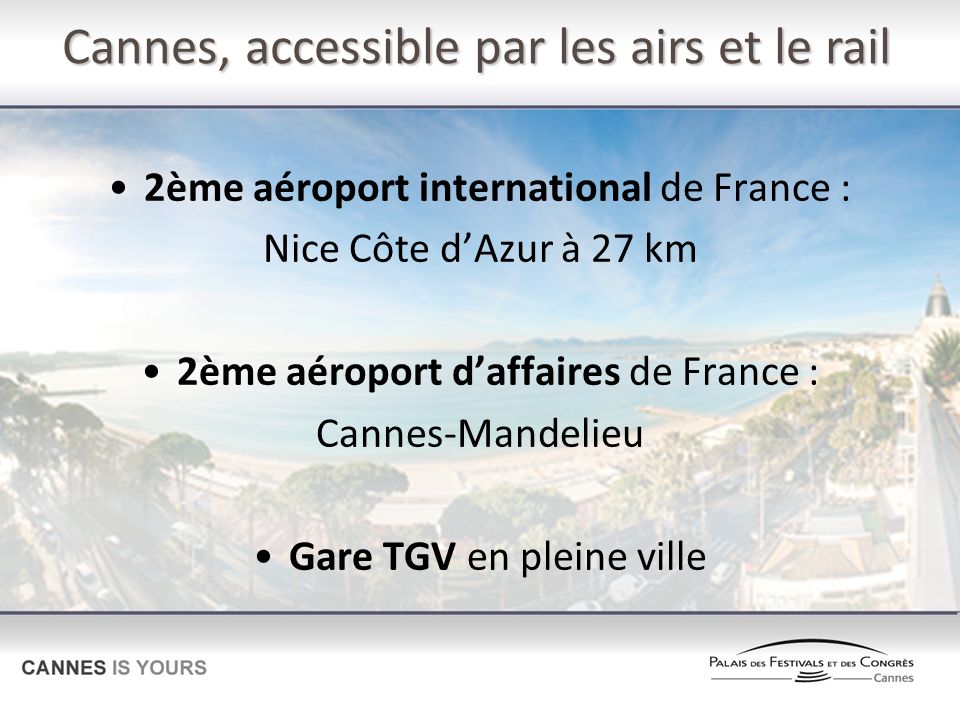 Cannes, accessible par les airs et le rail 2ème aéroport international de France : Nice Côte dAzur à 27 km 2ème aéroport daffaires de France : Cannes-Mandelieu Gare TGV en pleine ville