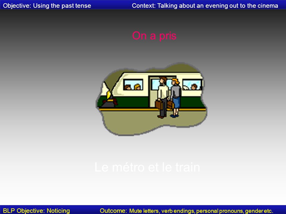 On a pris Le métro et le train Objective: Using the past tense Context: Talking about an evening out to the cinema BLP Objective: Noticing Outcome: Mute letters, verb endings, personal pronouns, gender etc.