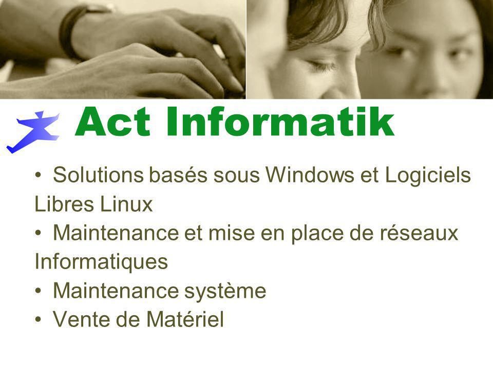 Act Informatik Solutions basés sous Windows et Logiciels Libres Linux Maintenance et mise en place de réseaux Informatiques Maintenance système Vente de Matériel