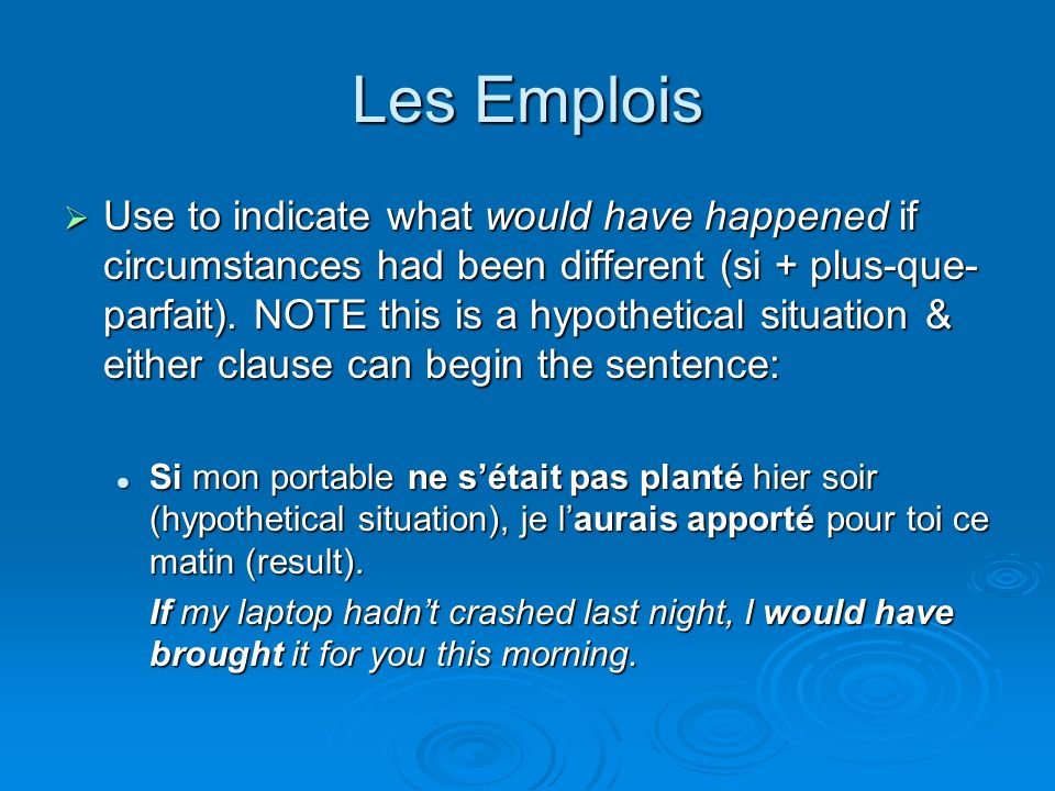 Les Emplois Use to indicate what would have happened if circumstances had been different (si + plus-que- parfait).