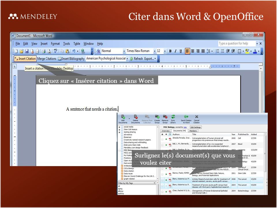 Citer dans Word & OpenOffice Cliquez sur « Insérer citation » dans Word Surlignez le(s) document(s) que vous voulez citer
