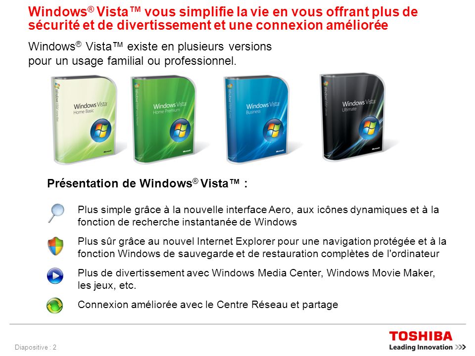Diapositive : 2 Windows ® Vista vous simplifie la vie en vous offrant plus de sécurité et de divertissement et une connexion améliorée Windows ® Vista existe en plusieurs versions pour un usage familial ou professionnel.