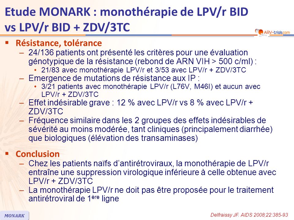 Résistance, tolérance –24/136 patients ont présenté les critères pour une évaluation génotypique de la résistance (rebond de ARN VIH > 500 c/ml) : 21/83 avec monothérapie LPV/r et 3/53 avec LPV/r + ZDV/3TC –Emergence de mutations de résistance aux IP : 3/21 patients avec monothérapie LPV/r (L76V, M46I) et aucun avec LPV/r + ZDV/3TC –Effet indésirable grave : 12 % avec LPV/r vs 8 % avec LPV/r + ZDV/3TC –Fréquence similaire dans les 2 groupes des effets indésirables de sévérité au moins modérée, tant cliniques (principalement diarrhée) que biologiques (élévation des transaminases) Conclusion –Chez les patients naïfs dantirétroviraux, la monothérapie de LPV/r entraîne une suppression virologique inférieure à celle obtenue avec LPV/r + ZDV/3TC –La monothérapie LPV/r ne doit pas être proposée pour le traitement antirétroviral de 1 ère ligne Delfraissy JF.