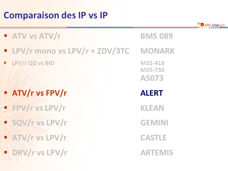 ATV vs ATV/rBMS 089 LPV/r mono vs LPV/r + ZDV/3TCMONARK LPV/r QD vs BIDM M A5073 ATV/r vs FPV/rALERT FPV/r vs LPV/rKLEAN SQV/r vs LPV/rGEMINI ATV/r vs LPV/rCASTLE DRV/r vs LPV/rARTEMIS Comparaison des IP vs IP
