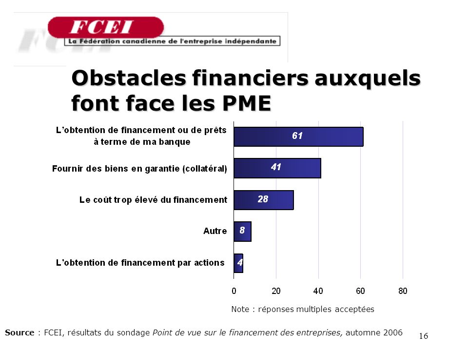 16 Source : FCEI, résultats du sondage Point de vue sur le financement des entreprises, automne 2006 Obstacles financiers auxquels font face les PME Note : réponses multiples acceptées