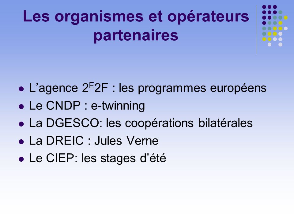 Les organismes et opérateurs partenaires Lagence 2 E 2F : les programmes européens Le CNDP : e-twinning La DGESCO: les coopérations bilatérales La DREIC : Jules Verne Le CIEP: les stages dété