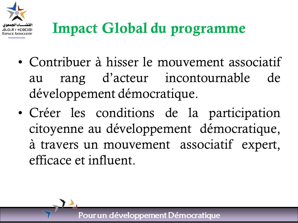 Pour un développement Démocratique Impact Global du programme Contribuer à hisser le mouvement associatif au rang dacteur incontournable de développement démocratique.