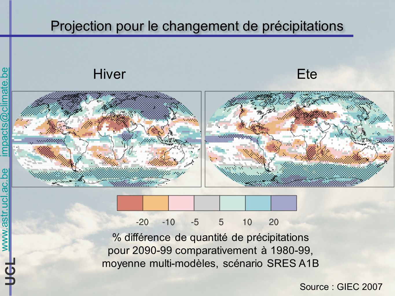 UCL Projection pour le changement de précipitations % différence de quantité de précipitations pour comparativement à , moyenne multi-modèles, scénario SRES A1B Source : GIEC 2007 HiverEte