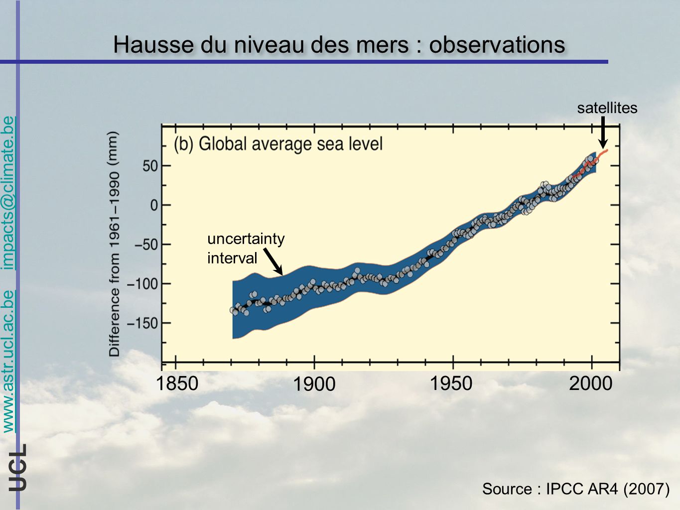 UCL Hausse du niveau des mers : observations Source : IPCC AR4 (2007) uncertainty interval satellites