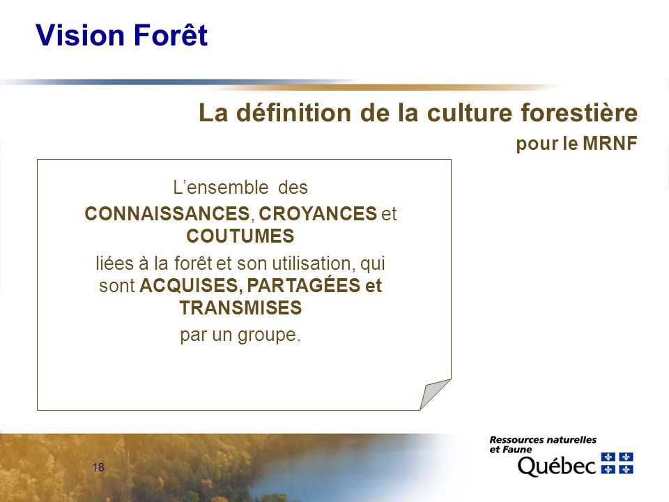 18 Vision Forêt La définition de la culture forestière pour le MRNF Lensemble des CONNAISSANCES, CROYANCES et COUTUMES liées à la forêt et son utilisation, qui sont ACQUISES, PARTAGÉES et TRANSMISES par un groupe.