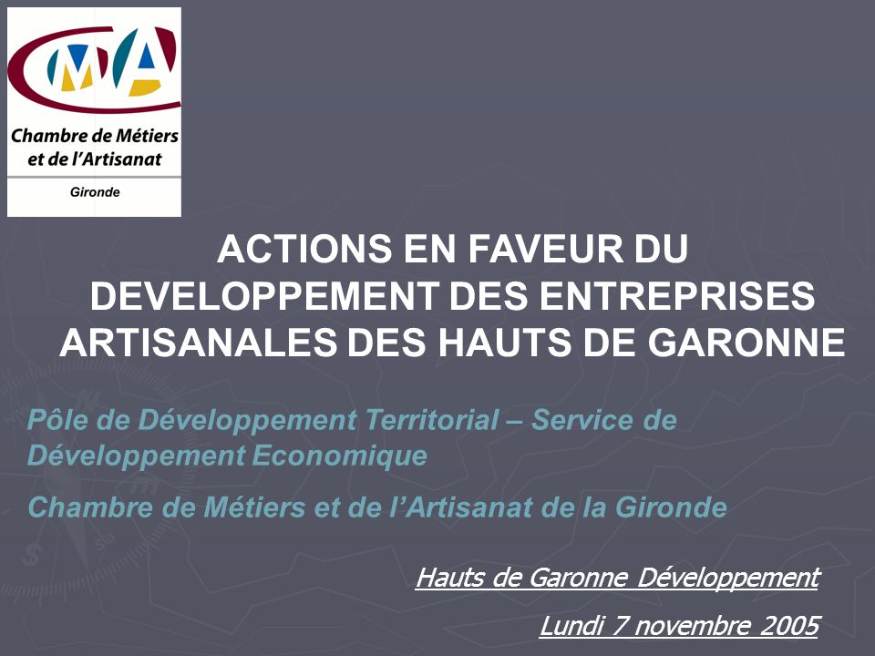 ACTIONS EN FAVEUR DU DEVELOPPEMENT DES ENTREPRISES ARTISANALES DES HAUTS DE GARONNE Pôle de Développement Territorial – Service de Développement Economique Chambre de Métiers et de lArtisanat de la Gironde Hauts de Garonne Développement Lundi 7 novembre 2005