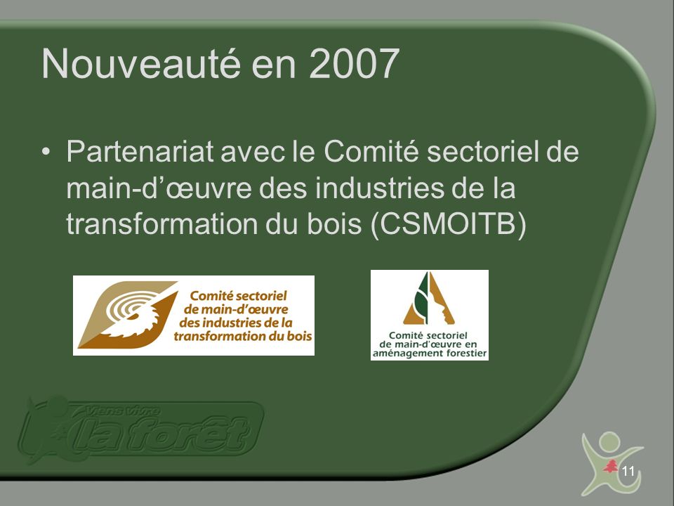 11 Nouveauté en 2007 Partenariat avec le Comité sectoriel de main-dœuvre des industries de la transformation du bois (CSMOITB)