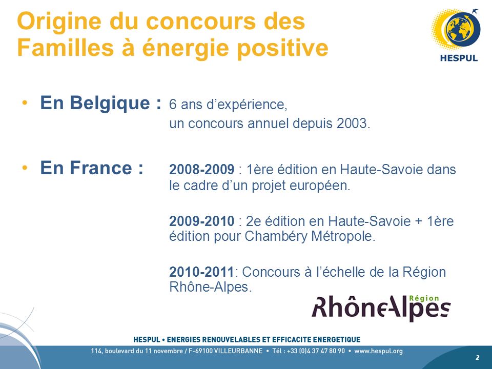 2 2 Origine du concours des Familles à énergie positive En Belgique : 6 ans dexpérience, un concours annuel depuis 2003.