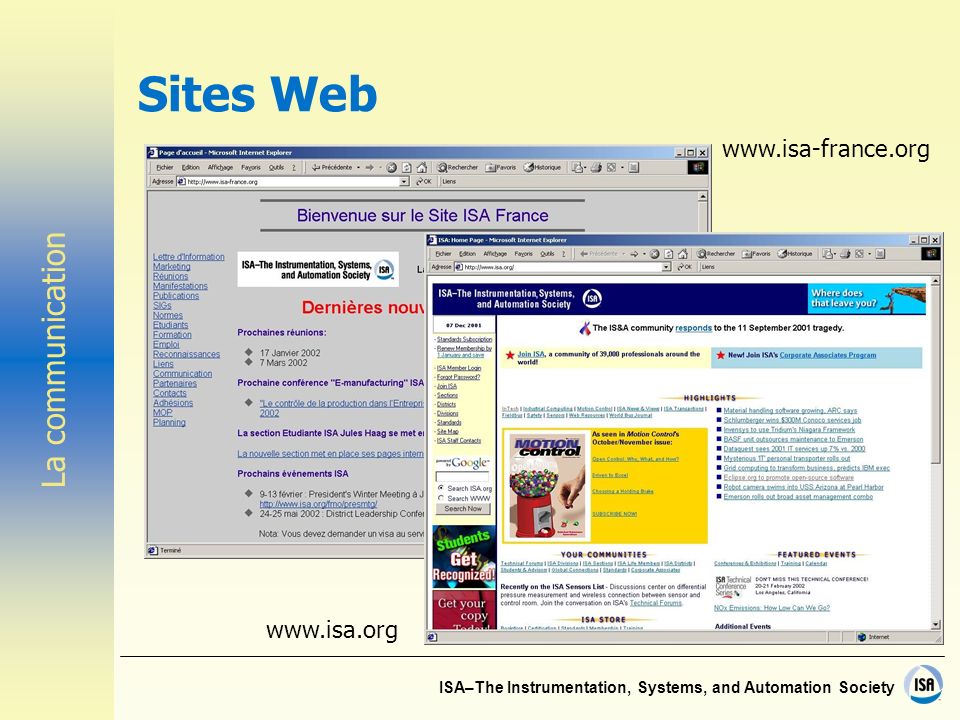 ISA–The Instrumentation, Systems, and Automation Society Sites Web     La communication