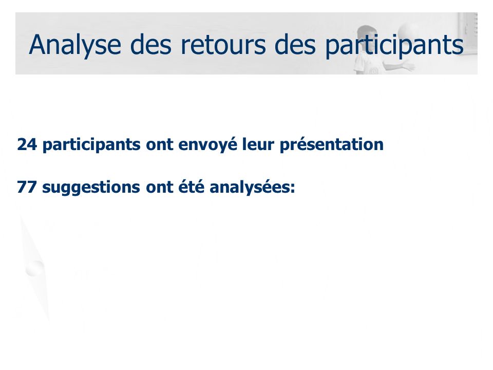 Analyse des retours des participants 24 participants ont envoyé leur présentation 77 suggestions ont été analysées: