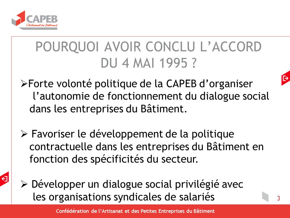 Confédération de lArtisanat et des Petites Entreprises du Bâtiment 3 Forte volonté politique de la CAPEB dorganiser lautonomie de fonctionnement du dialogue social dans les entreprises du Bâtiment.
