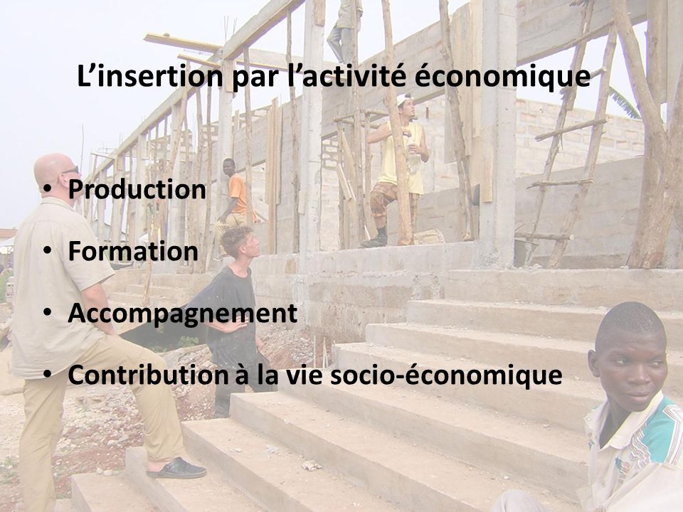 Linsertion par lactivité économique Production Formation Accompagnement Contribution à la vie socio-économique