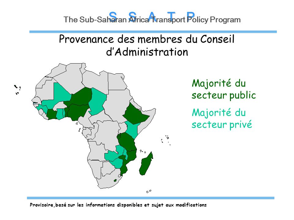 S S A T P The Sub-Saharan Africa Transport Policy Program Provisoire,basé sur les informations disponibles et sujet aux modifications Provenance des membres du Conseil dAdministration Majorité du secteur public Majorité du secteur privé
