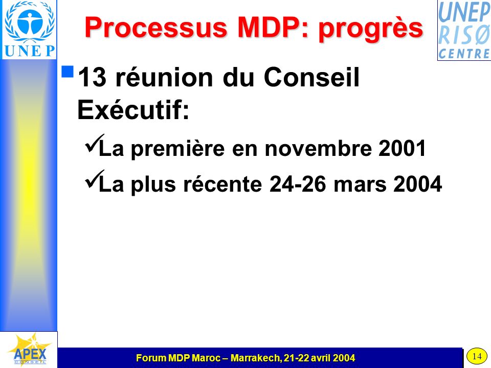 Forum MDP Maroc – Marrakech, avril Processus MDP: progrès 13 réunion du Conseil Exécutif: La première en novembre 2001 La plus récente mars 2004