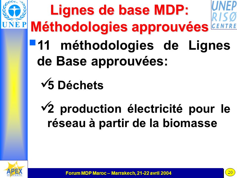 Forum MDP Maroc – Marrakech, avril Lignes de base MDP: Méthodologies approuvées 11 méthodologies de Lignes de Base approuvées: 5 Déchets 2 production électricité pour le réseau à partir de la biomasse