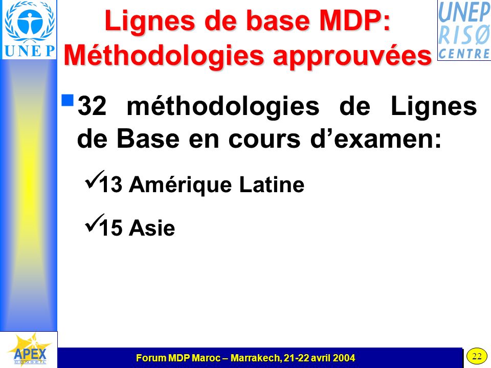 Forum MDP Maroc – Marrakech, avril Lignes de base MDP: Méthodologies approuvées 32 méthodologies de Lignes de Base en cours dexamen: 13 Amérique Latine 15 Asie