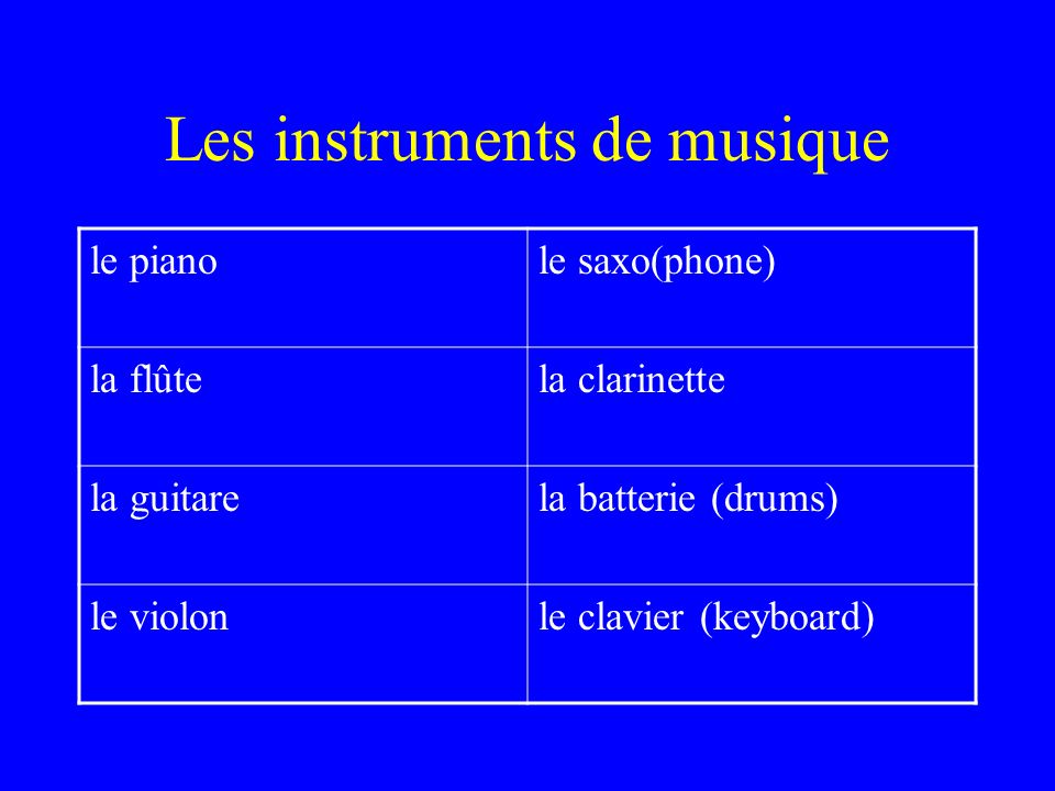 Les instruments de musique le pianole saxo(phone) la flûtela clarinette la guitarela batterie (drums) le violonle clavier (keyboard)