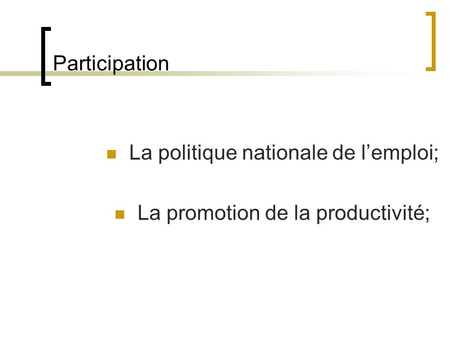 Participation La politique nationale de lemploi; La promotion de la productivité;