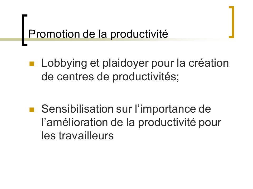 Promotion de la productivité Lobbying et plaidoyer pour la création de centres de productivités; Sensibilisation sur limportance de lamélioration de la productivité pour les travailleurs