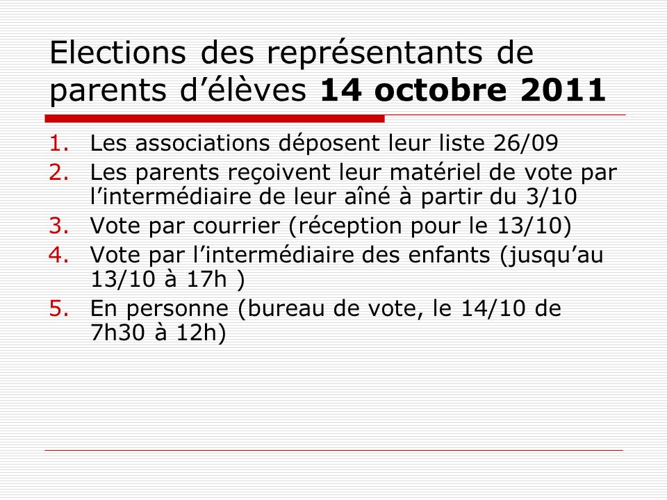 Elections des représentants de parents délèves 14 octobre Les associations déposent leur liste 26/09 2.Les parents reçoivent leur matériel de vote par lintermédiaire de leur aîné à partir du 3/10 3.Vote par courrier (réception pour le 13/10) 4.Vote par lintermédiaire des enfants (jusquau 13/10 à 17h ) 5.En personne (bureau de vote, le 14/10 de 7h30 à 12h)