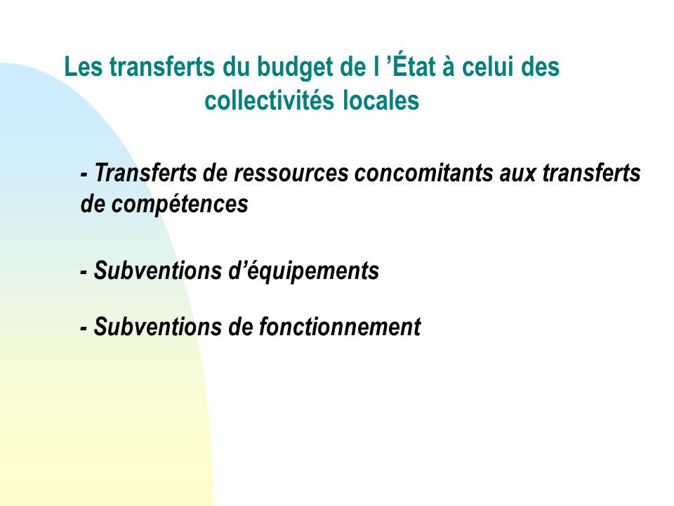 Les transferts du budget de l État à celui des collectivités locales - Transferts de ressources concomitants aux transferts de compétences - Subventions déquipements - Subventions de fonctionnement