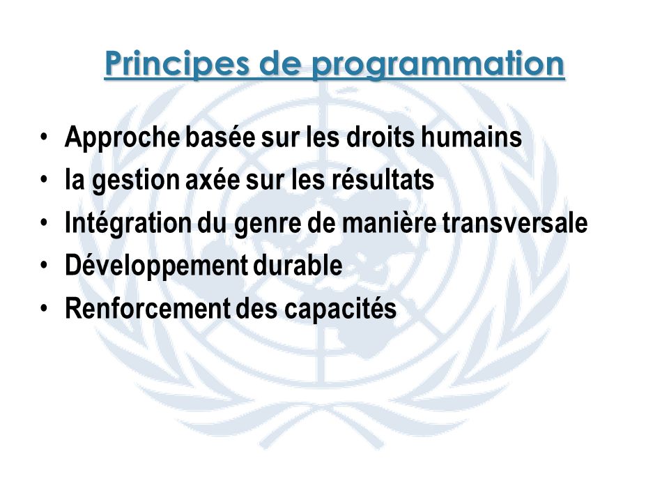 Principes de programmation Approche basée sur les droits humains la gestion axée sur les résultats Intégration du genre de manière transversale Développement durable Renforcement des capacités