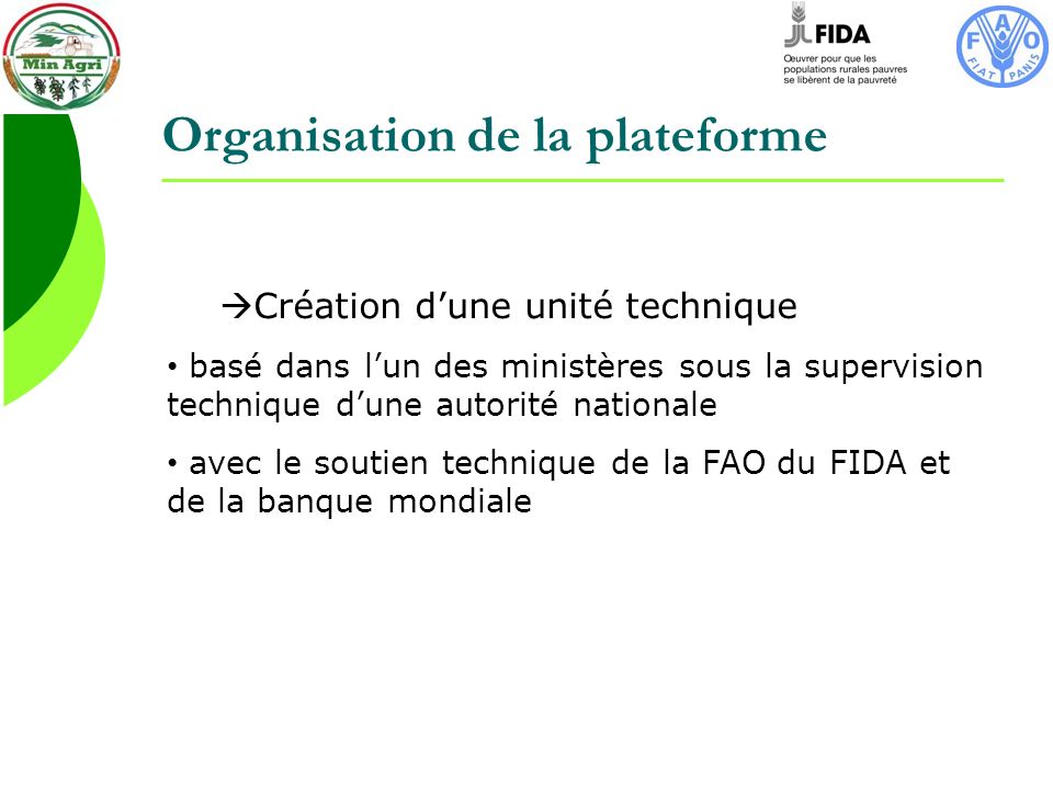 Organisation de la plateforme Création dune unité technique basé dans lun des ministères sous la supervision technique dune autorité nationale avec le soutien technique de la FAO du FIDA et de la banque mondiale