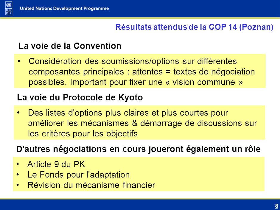 8 Résultats attendus de la COP 14 (Poznan) La voie de la Convention Considération des soumissions/options sur différentes composantes principales : attentes = textes de négociation possibles.