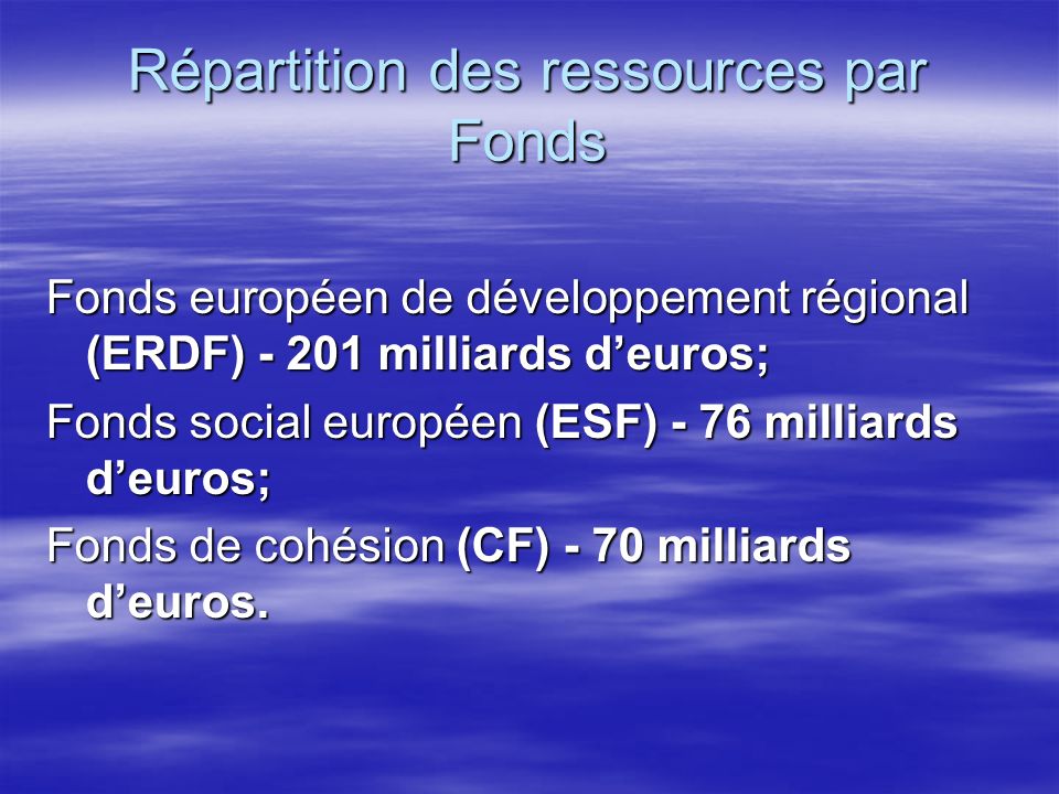 Répartition des ressources par Fonds Fonds européen de développement régional (ERDF) milliards deuros; Fonds social européen (ESF) - 76 milliards deuros; Fonds de cohésion (CF) - 70 milliards deuros.