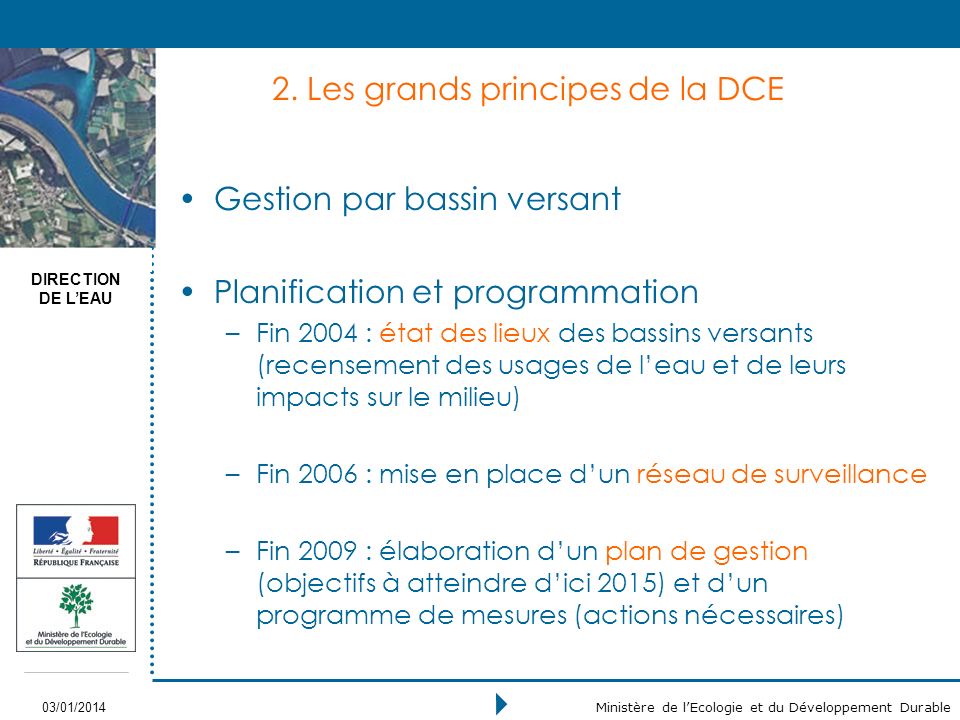 DIRECTION DE LEAU 03/01/2014 Ministère de lEcologie et du Développement Durable 2.