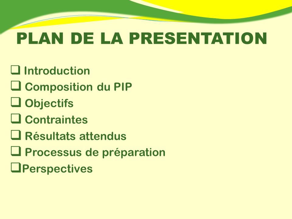 PLAN DE LA PRESENTATION Introduction Composition du PIP Objectifs Contraintes Résultats attendus Processus de préparation Perspectives