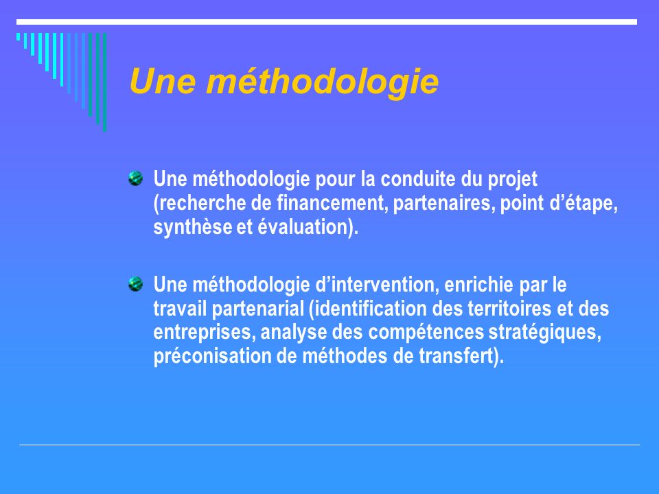 Une méthodologie Une méthodologie pour la conduite du projet (recherche de financement, partenaires, point détape, synthèse et évaluation).